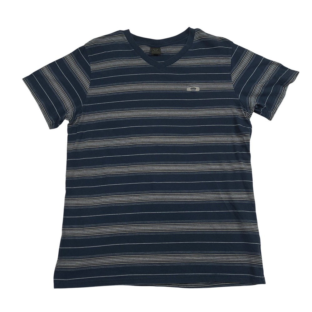 Oakley Mens V-Neck T-Shirt Medium Blue Grey Striped Embroidered Logo 684